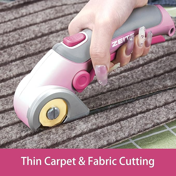 ZEITE 4V Cordless Scissors,Electric Cardboard Box Cutter with Titanium Coated HSS Blades,Ideal for Cardboard Leather Carpet Fabric Cutting and recycling,Gifts for Men & Women,Storage Case,Pink