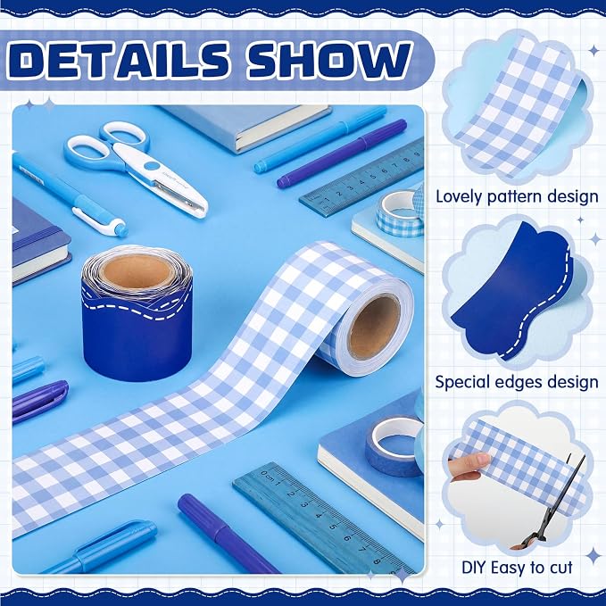 2 Rolls 65.6ft Dark Blue Gingham Bulletin Board Borders Decoration Blue Checkered and Straight Edge Bulletin Borders Board Trim for Office School Classroom Chalkboard Party Decoration