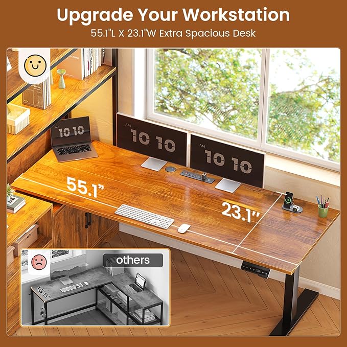 SEDETA 57" L Shaped Standing Desk, Sit Stand Office Desk with Storage Hutch | Rustic Brown Reversible Stand Up Corner Gaming Desk with Drawer, Shelves, LED Lights & Power Outlet for Work, Writing, Study