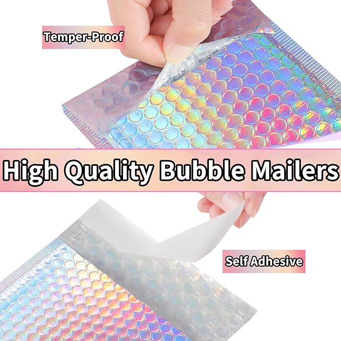 50 Pcs Metallic Bubble Mailers, Holographic Bubble Mailers, Poly Padded Envelopes, Adhesive Shipping Bags, Waterproof Self Sealing Cushion Envelopes for Mailing, Packing, Small Business