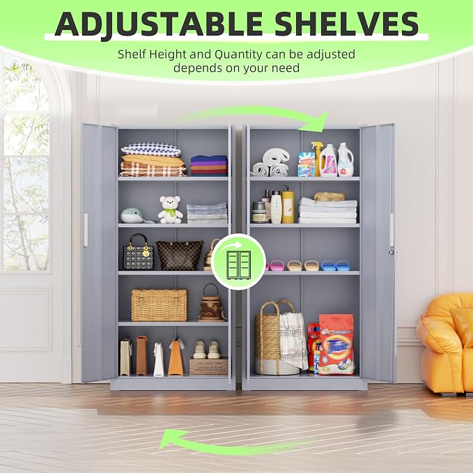 Metal Storage Cabinet, 72" Locking Steel Cabinets with 2 Door and 4 Adjustable Shelves, Tall Metal Cabinet for Home Office, Garage, Warehouse,(Cement)