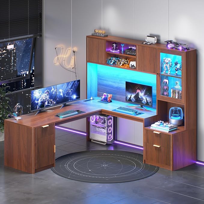 SEDETA 67" x 65" L Shaped Desk with Hutch, RGB LED Corner Computer Desk with Power Sockets, Fluted Home Office Desk with File Drawer, Storage & Glass Display Cabinets for Gaming & Working, Brown
