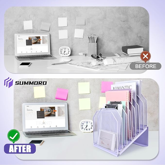 SUMMORO Inclined File Organizer for Desk, 7-Section Vertical File Holder | Office Desk Organizer Metal Rack File Folder, Wire Mesh Desktop Document Sorter, for Office School Classroom Home (Purple)