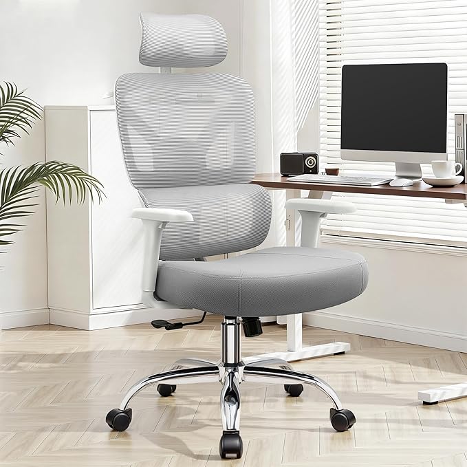 Ergonomic Office Desk Chair, High Back Mesh Office Chair with Adjustable Lumbar Support, 3D Headrest, Big and Tall Home Computer Desk Chairs Comfy for Work, Gaming, 300lbs, Gray