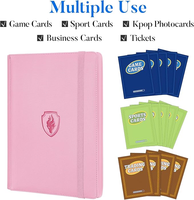 Premium 9 Pocket Card Binder for 360 Cards, Fabmaker PU Trading Card Binder | Sturdy Card Collection Album, Side-Loading, Sleek Card Holder Folders for Game Cards & Sports Cards, Pink