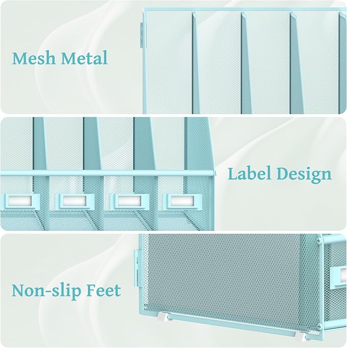 Desk Organizers Metal Desk Magazine File Holder with 5 Vertical Compartments Rack File Organizer for Office Desktop, Classroom, Home Workspace, Blue