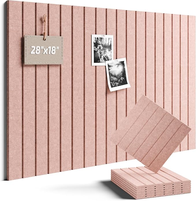 28" x 18" Felt Bulletin Board Tiles, Fine Stripe, Pink | 6-Pack Cork Board Alternative, 30 Adhesive Tabs, Push Pin Board, Wall Decor, Office, Home, Classroom, Dorm