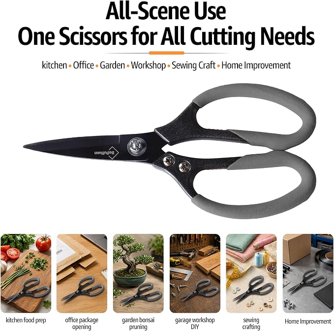 BoFuYuan Heavy Duty Scissors for Cutting Carpet Cardboard Leather Fabric | Stainless Steel Blades, Comfort Grip, Multipurpose Utility Sharp Shears for Kitchen Garden Office Craft Sewing, 8.5 Inch Grey