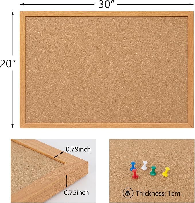 2 Pack Cork Bulletin Board 20 x 30, Wood Framed Corkboard for Wall | Hanging Office Message Board, Large Notice Pin Board with 30 Push Pins, 10mm Natural Cork, For School, Home & Office