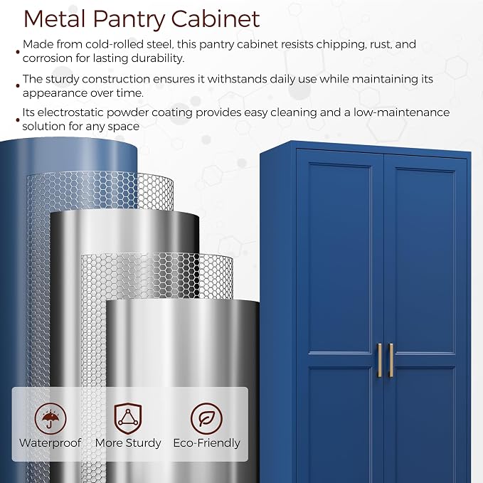 71" Tall Metal Kitchen Pantry Cabinet, Storage Cabinet with Doors | Kitchen Cabinet with 4 Adjustable Shelves, Tall Food Pantry Cabinet, Blue Cupboard for Kitchen, Dining Room, Garage & Office