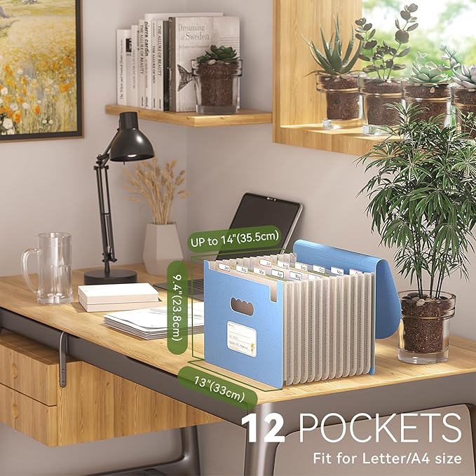 Accordion File Organizer, 12-Pocket Wheat Straw Expanding File Folder, Portable Monthly Bill & Tax Receipt Organizer, Letter/A4 Size Document Holder with Colorful Tabs-UN Blue