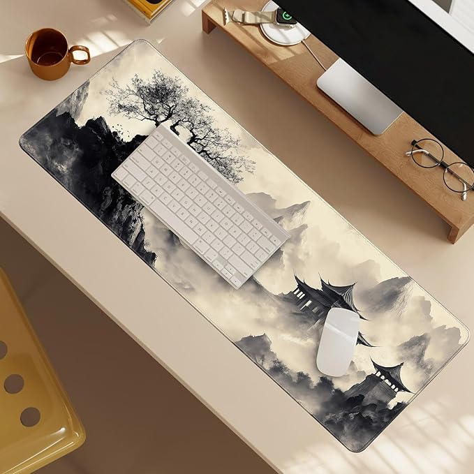 Watercolor Cherry BlossomLong Gaming Mouse Pad Extended Anime Large Desk Pad with Non-Slip Base Full Keyboard Mat with Stitched Edges for Gaming and Office 31.5 x 11.8 inches