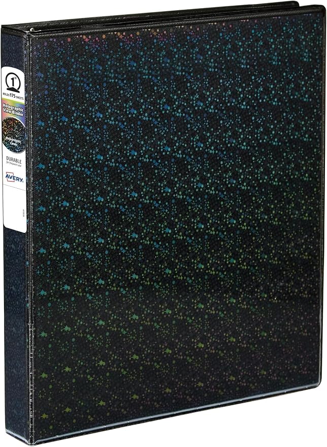 Avery Luxe Collection Durable Holographic 3 Ring Binder, Customizable View Cover, 1 Inch Round Rings, 1 Holographic Black Binder (03225) (Pack of 6)