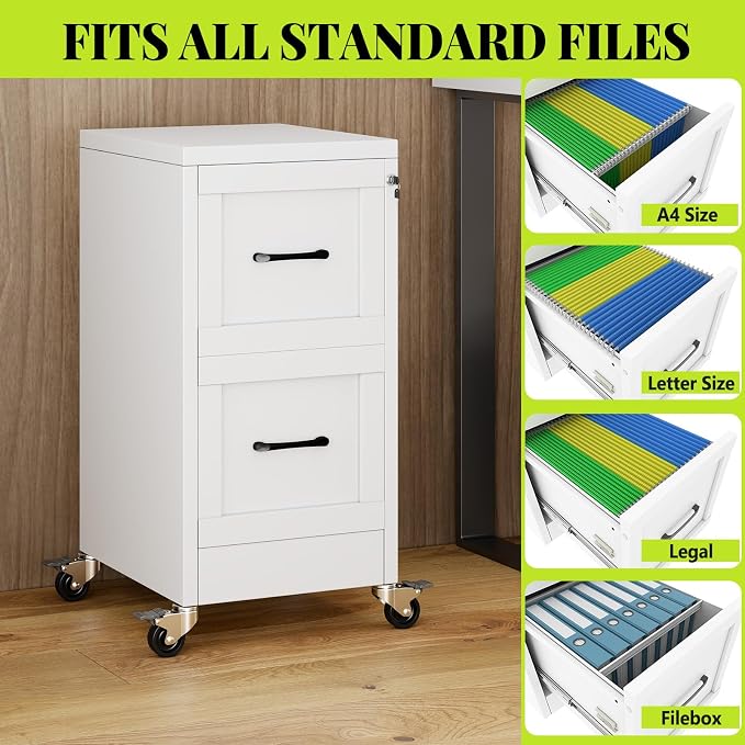 2-Drawer Rolling Metal File Cabinet with Lock, Narrow, White | Mobile metal filing cabinet with casters; rails fit Letter, Legal and A4 folders, one lock secures both drawers