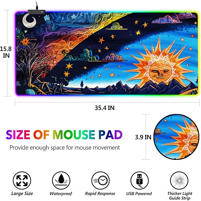 AIMSA Large Gaming Mouse Pad RGB, Keyboard Led Mousepad Extended 35.4 x 15.8 inch Non-Slip Rubber Base with 14 Lighting Modes Desk Mat, Abstract Sun