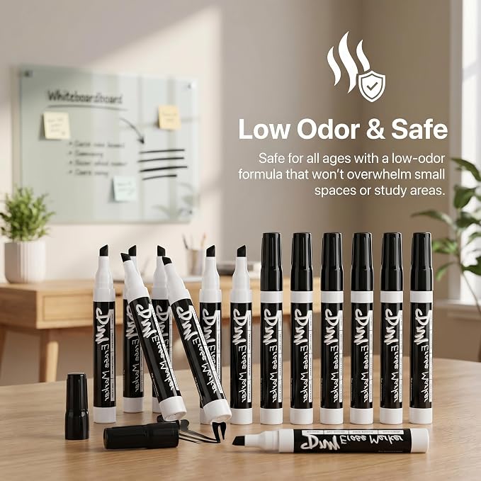 Volcanics Black Dry Erase Markers, Chisel Tip, Low Odor, 10 Pack | Whiteboard Markers, Dry Erase Pens, Easy Erase for Whiteboards, Glass, Calendars, Office, School, Home, Quick Dry Ink