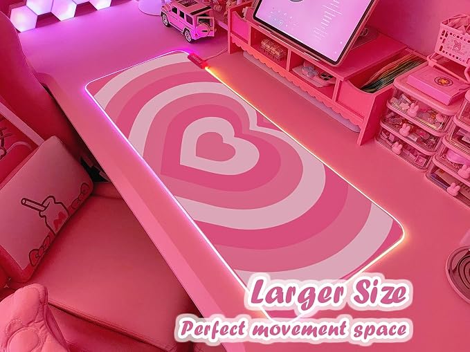 JMIYAV Pink Love Heart RGB Gaming Mouse Pad 31.5x12 Inch Cute Mousepad PC XL Large Extended Glowing Led Light Up Desk Pad Non-Slip Rubber Base Computer Mat Desk Accessories Gaming Setup