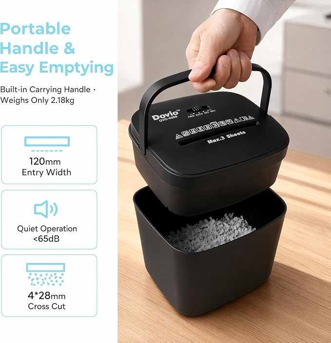 OVO-408S Mini Home Office Cross Cut Shredder, 3-Sheet Folded, 4L Bin | 4×28mm cross cut, jam reverse, 2m/min speed, <65dB quiet, 4min/60min cycle, shreds receipts, envelopes, home office privacy