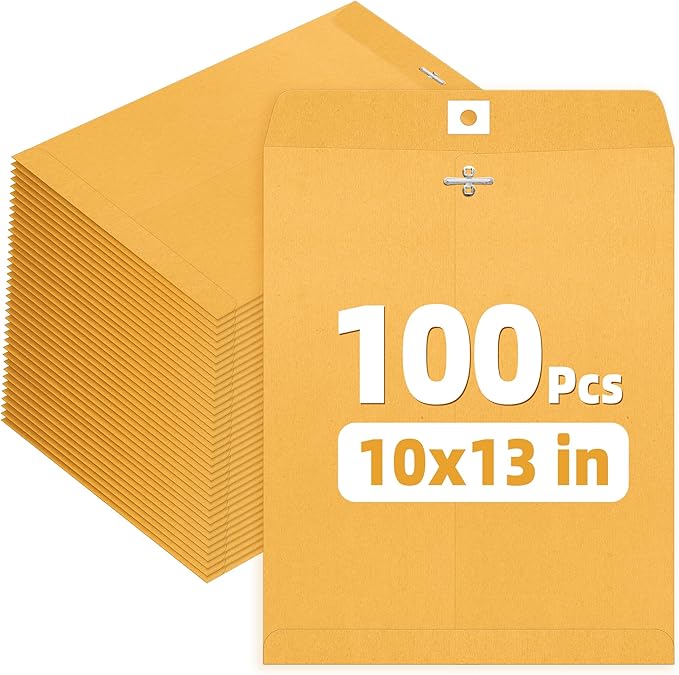 SUNEE Manilla Envelops, 10"x13" Brown Kraft Envelopes with Clasp Closure, 28-lb Paper Mailing Envelopes, 100 Count Great for Filing, Storing or Mailing Documents