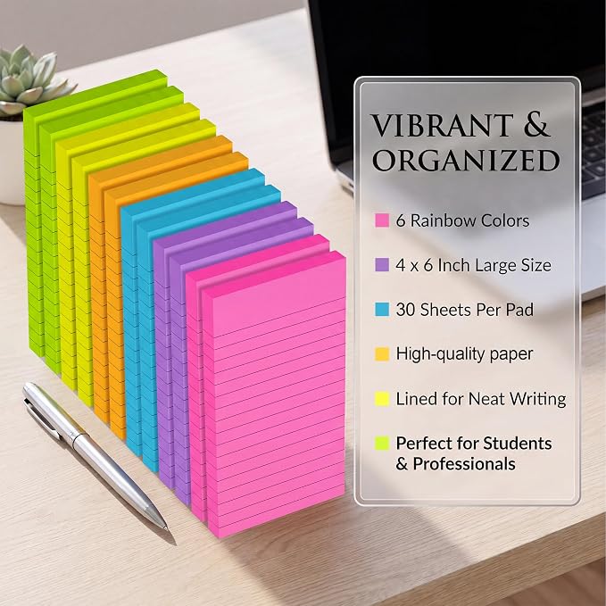 Lined Sticky Notes 4x6 in, Strong Adhesive Self Stick Note Pads | Sticky Notes with Lines, 6 Colorful Options, Perfect for Office, Classroom, Task Reminders, Smooth Writing(12 Pack)