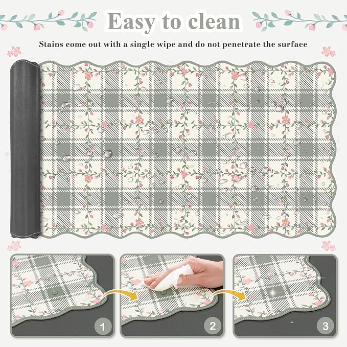 iCasso Light Green Mouse Mat 35.4"x15.7", Desk Shield for Workspace | Stylish Floral Desk Pad Including Stitched Edges, Scalloped Mousepad for Study Dorm Home Office Workspace Area