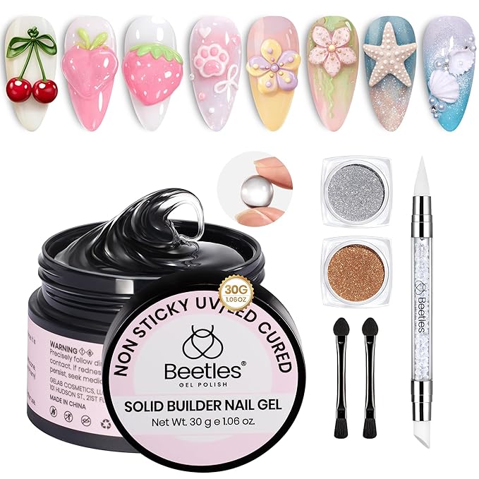 Beetles 3D Gel Nail Art Kit-Crystal Orb 3D Nail Art Clear 1 oz 5 in 1 Non-Sticky Hand Sculpting Building for Beginner DIY Salon at Home,Clear Solid Builder Nail Gel, UV & LED Lamp Cured Needed