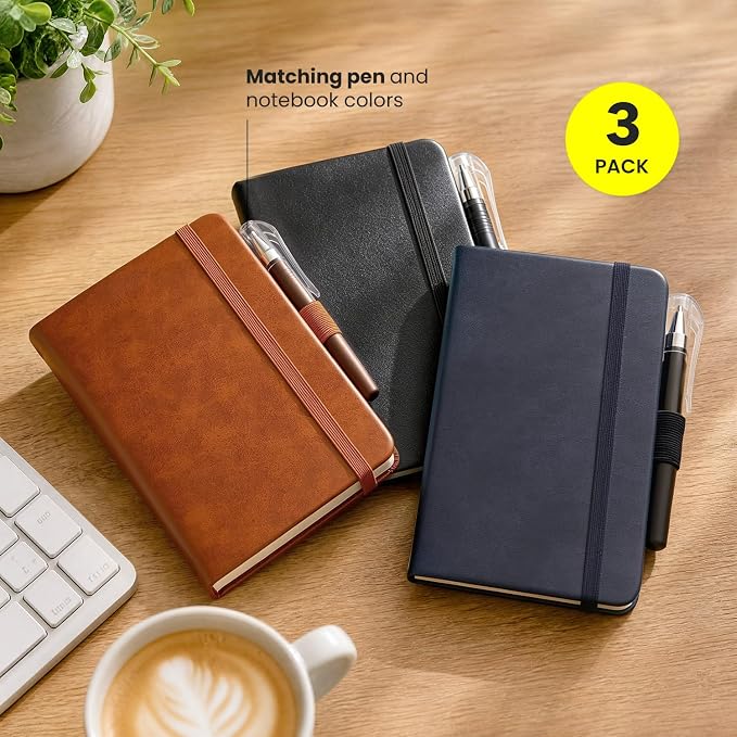 Small Notebook Journal - 3 Pack Total 480 Pages - Pocket Notebooks with Pens for Work - 3.7" x 5.7" A6 Notebook - Hardcover Mini Notebooks