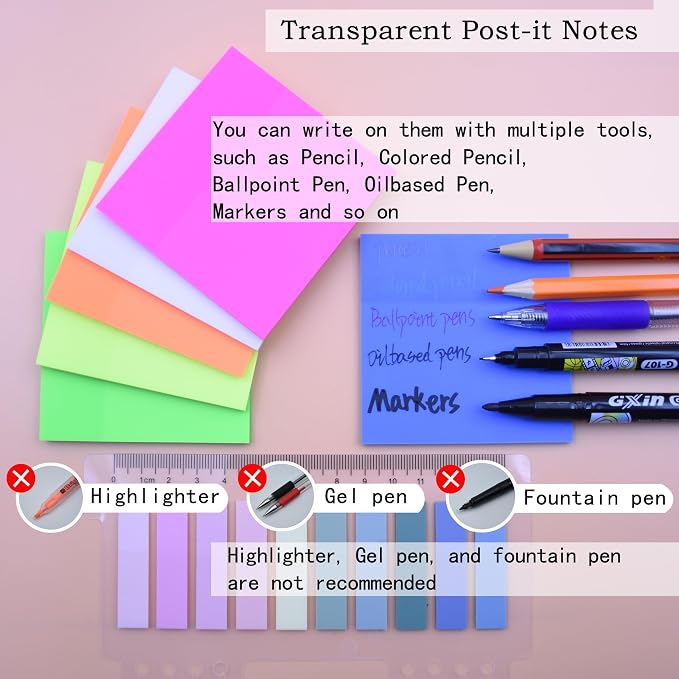 YOUDEFUL 800Pcs Transparent Sticky Note, 3"x3" Clear Sticky Note,Colorful | Waterproof Translucent Sticky Note for Books Annotation, Back to School Sticky Notes for Bible Study, School, Office