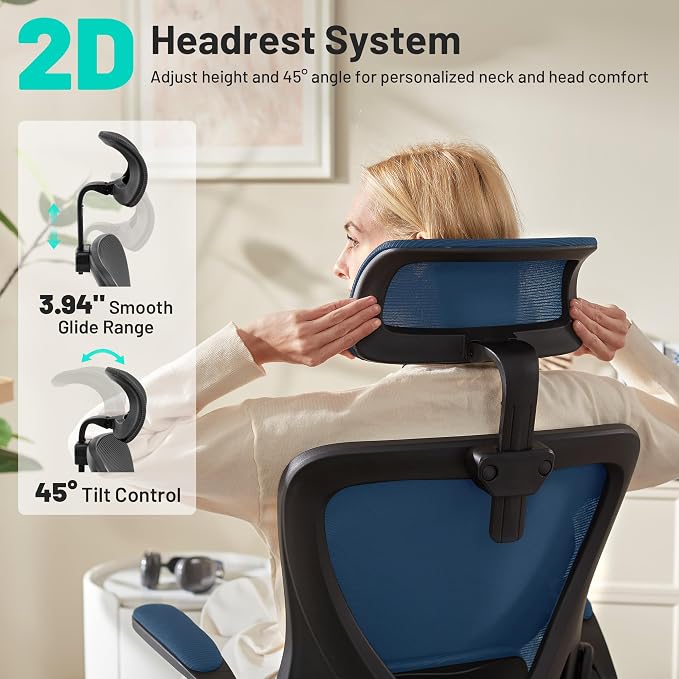 Office Chair - Ergonomic Desk Chair Breathable Mesh Chair with 2D Headrest & Adjustable Lumbar Support - Executive High Back Rolling Swivel Computer Gaming Chair with Wheels Flip-up Armrests