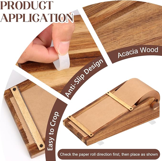 Note Paper Roll Dispenser Desktop Kraft Paper Roll Dispenser Holds 3” Wide with 98ft Wooden Note Taking Roller Holder Tearable Cutter Grocery List Sticky or Home