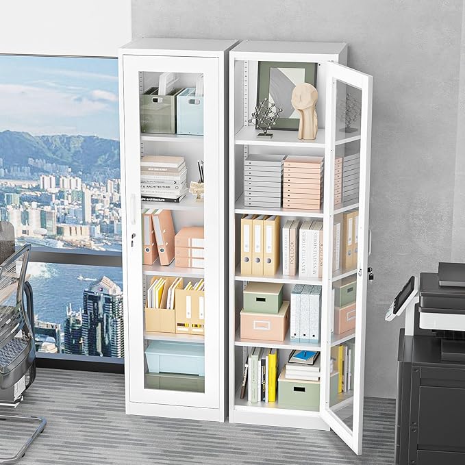 VINGLI Lockable Display Cabinet with Glass Door & 4 Adjustable Shelves, 65" Tall Metal Storage Cabinet Curio Liquor, Bookshelf Bookcase for Home Office Living Room Pantry Garage (White)