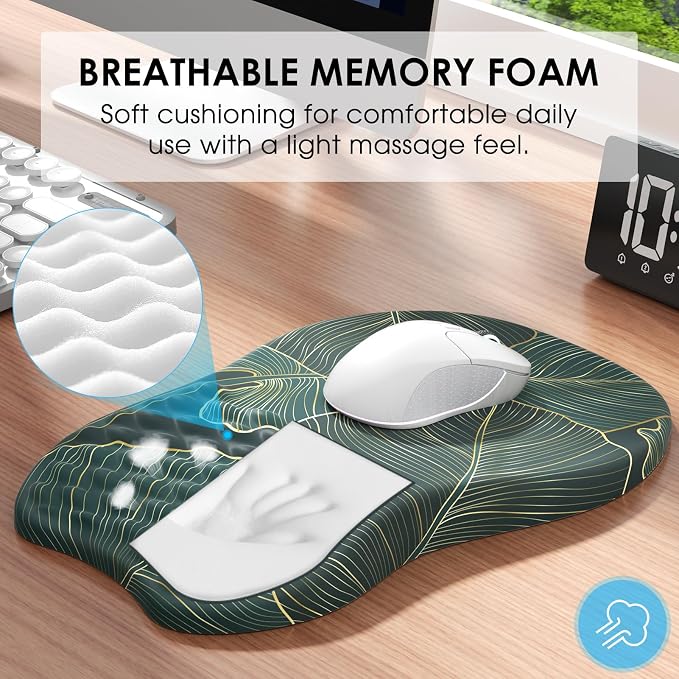 MROCO Ergonomic Mouse Pad with Wrist Support, 11.8 x 7.8 in, Green Leaves | Memory Foam Wrist Rest Mouse Pad, Non-Slip Base, Smooth Lycra Surface for Office & Home, Comfortable Wrist Support