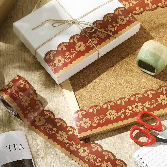 32.8 Ft Spanish Bulletin Board Borders, Fiesta Scalloped Trim | Terra Cotta with Gold Floral Design, Ideal for Classroom and Office Displays, Scalloped Edges for Fiesta Parties