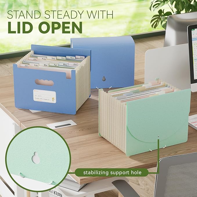 Accordion File Organizer, 12-Pocket Wheat Straw Expanding File Folder, Portable Monthly Bill & Tax Receipt Organizer, Letter/A4 Size Document Holder with Colorful Tabs-Mint Green
