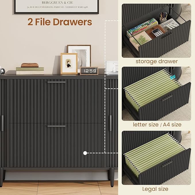 SEDETA Fluted 2 Drawer Filing Cabinet with 2 Sliding Door for Home Office | 39.4" File Cabinet for Home Office,fit Legal/Letter/A4 Siz,Modern File Cabinet with 2 Drawers,Printer Stand,Black