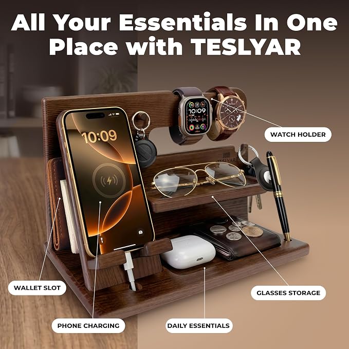 TESLYAR Wood Phone Docking Station for Men - Desk or Nightstand Organizer - Birthday Gifts for Husband, Dad - Anniversary Idea from Wife - Key Holder, Stand Wallet, Watch & Essentials (Bourbon Brown) | Mens Bedside Organiser with Key Holder, Wallet & W...