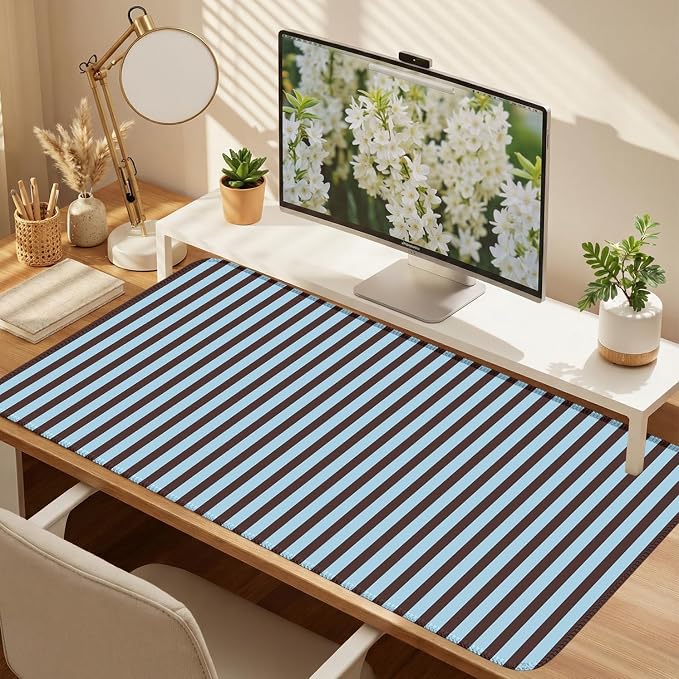 Dark Brown Blue Striped Desk Mat Cute Pastel XXL Large Gaming Mouse Pad Desk Pad Kawaii Cozy Aesthetic Keyboard Laptop Computer Mat Home Office Decor