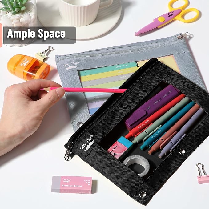 Mr. Pen- Pencil Pouch for 3 Ring Binder, 2 Pack, 10"x6.75", Smooth Zipper | Clear Window, Large Capacity Pencil Case with 3 Reinforced Grommets for School, Office, Supplies Storage