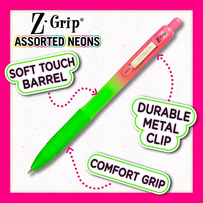 Zebra Pen Z-Grip Ombre Neon Retractable Ballpoint Pen, Black, 1.0mm, 10-Pk | Smooth Writing, Medium Point Tip, Ideal for Planners, Note-Taking, School and Office Supplies, and Everyday Writing (21201)