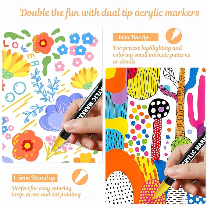nauets 72 Colors Precision Dual Tip Acrylic Paint Markers Pens - Dot & Fine | Works on Rock, Wood, Fabric, Canvas, Glass, Scrapbook, Paper, Ceramic, Egg, DIY Craft Art Gift - Classroom & School Supplies