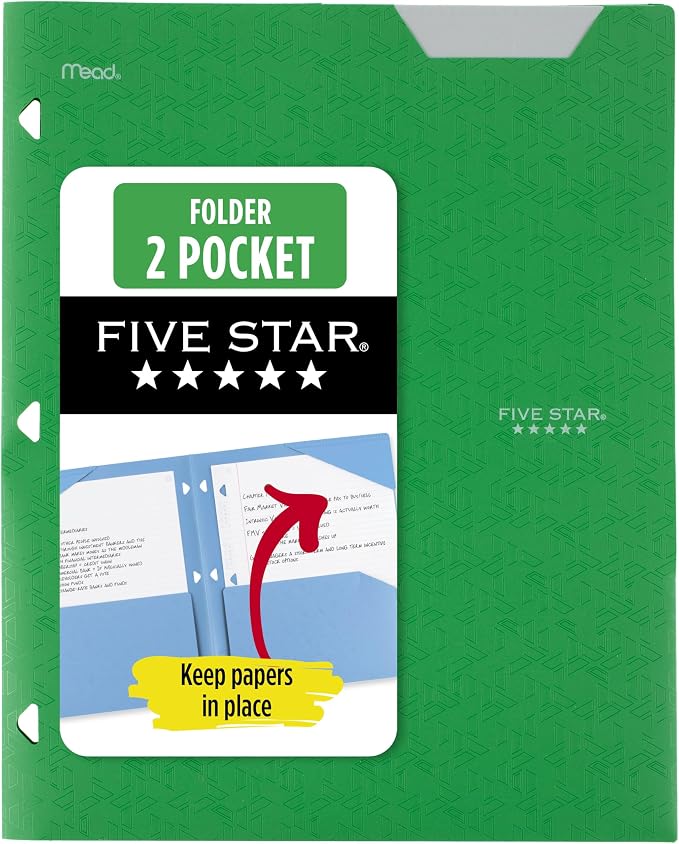 Five Star 2-Pocket Folder, Plastic Folder with Stay-Put Tabs, Fits 3-Ring Binder, Holds 8-1/2" x 11" Paper, Forest Green (333420E-ECM)