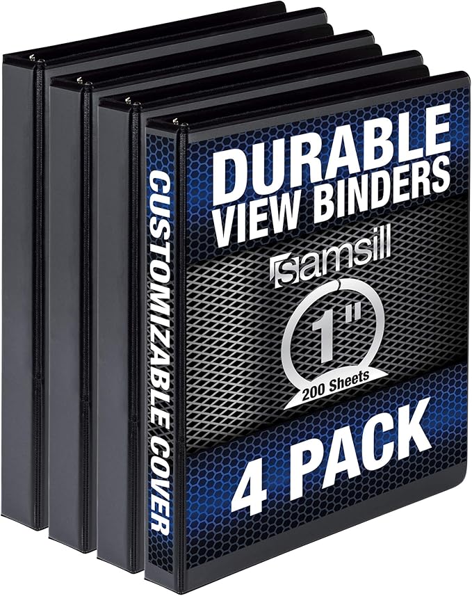Samsill 4 Pack Durable 1 Inch 3 Ring Binders, Round Ring, Clear View Cover for Presentations, Black