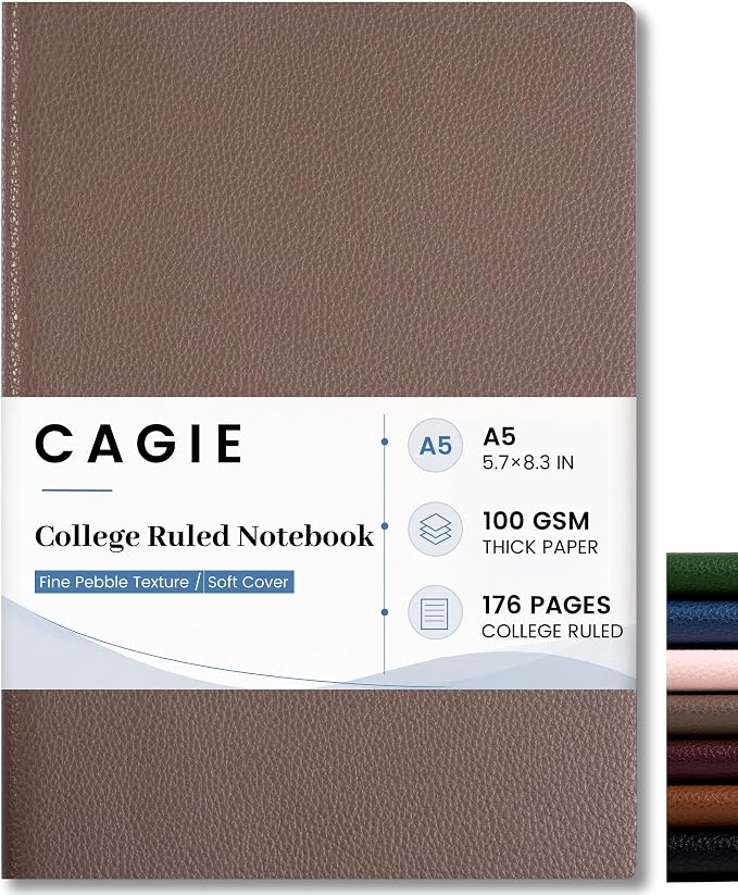 CAGIE Lined Journal Notebook for Men & Women,176 Pages A5 Medium Size, Softcover Leather Journals for Writing, College Ruled Notebook for Work & School, 100 GSM Thick Paper (5.7'' x 8.3'') (Taupe)