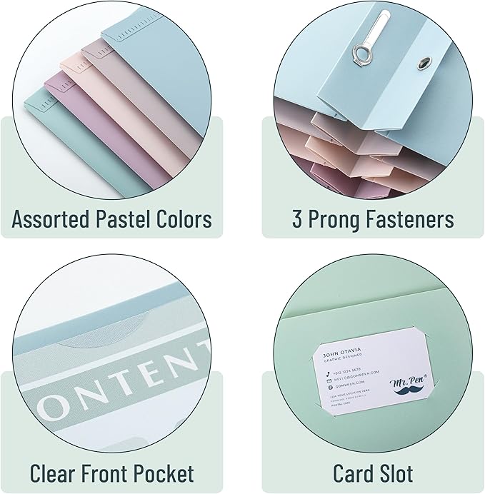 Mr. Pen- Plastic Folders with Pockets and Prongs, 15 Pack, Letter Size, Assorted Pastel Colors, Flexible Plastic Folders with Prongs, Clear Front Pocket and Card Slot