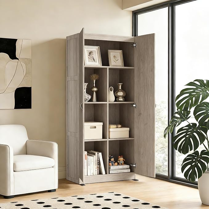 DUMOS Tall Storage Cabinet with Doors and Shelves, Kitchen Pantry Cabinet | 71'' Wood Storage Freestanding Wooden Cabinets for Bedroom, Pantry, Home Office, Dining Room & Living Room, Grey