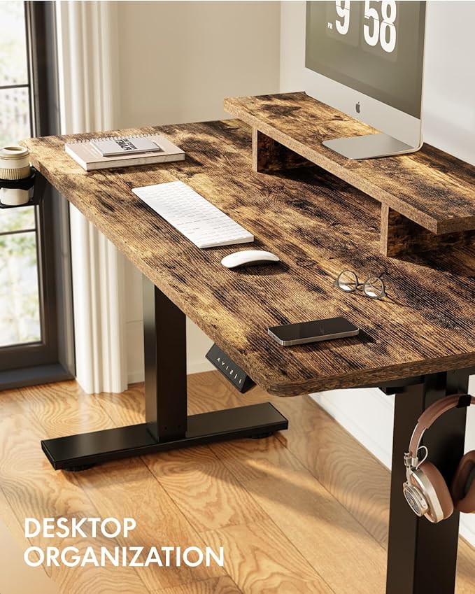 FLEXISPOT Standing Desk with Monitor Stand, 48 x 24 Inches One-Piece Electric Height Adjustable Computer Desk with Cup Holder for Home Office, Rustic