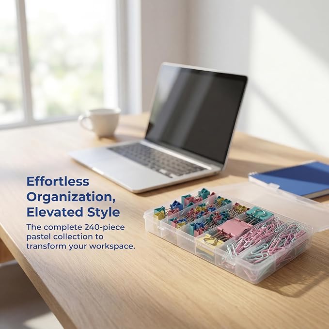 240PCS Binder Clips and Paper Clips Set - Assorted Sizes Colorful Office Supplies Kit with Storage Box, Large Medium Small Clips for Desk Organization, School, Home