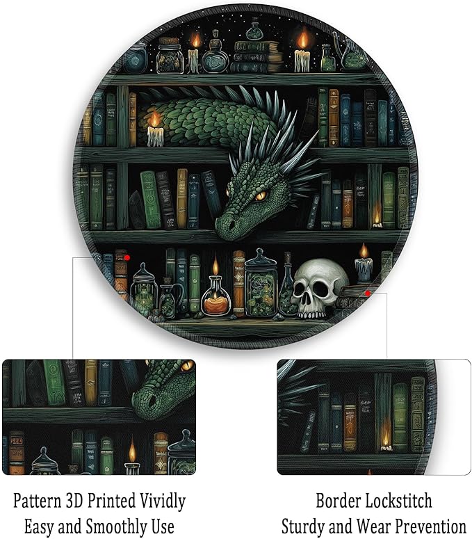 Gctriki Gothic Dragon Mouse Pad with Stitched Edges, Small Round Mouse Pads for Desk, Funny Travel Mousepad for Computer Laptop Office Desk Accessories Decor Mystical Library Vintage Book 8.6 inch