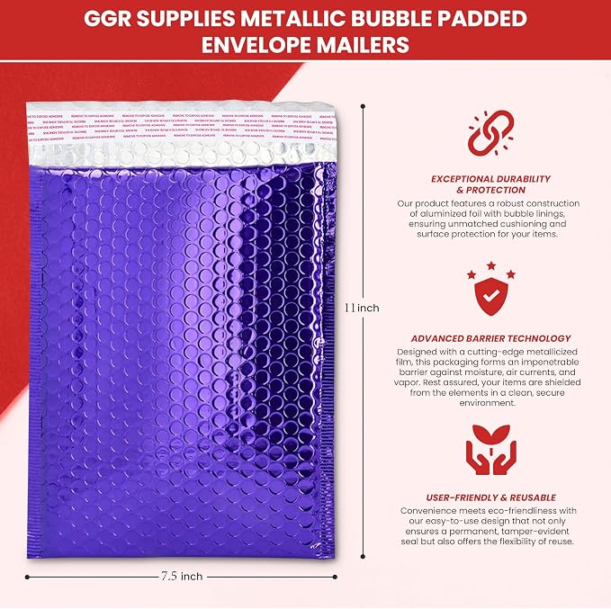 GGR Supplies Metallic Bubble Padded Envelope Mailers, 7.5 X 11 Inches, Waterproof Ultra Resistant Ideal For Packing, Shipping, and Storing. Pack of 25 (Red)
