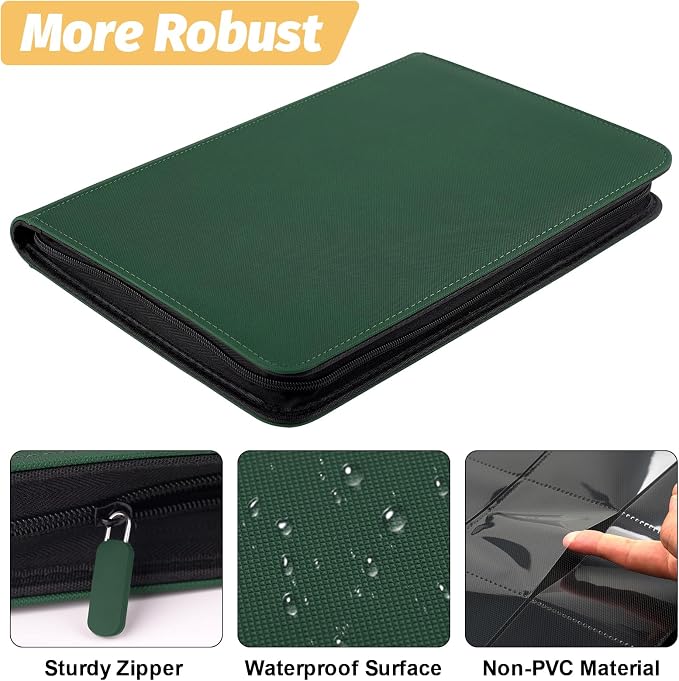 360 Cards Ringless 9-Pocket Side Loading Trading Card Binder, PU Zipper Fixed Page Card Album for TCG Sports Cards, Not Fit Top Loaders (DARKGREEN)